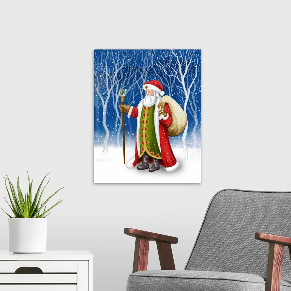 A modern room featuring Traditional image of Santa Claus in a snowy forest.