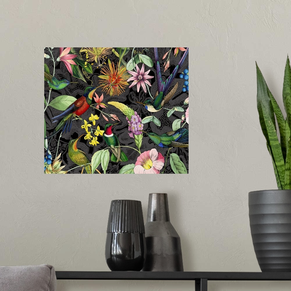 A modern room featuring Collection of vintage flowers and hummingbird illustrations.