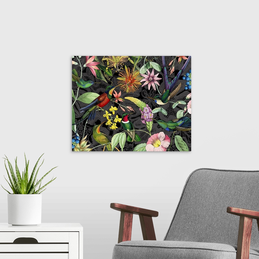 A modern room featuring Hummingbird Jungle I
