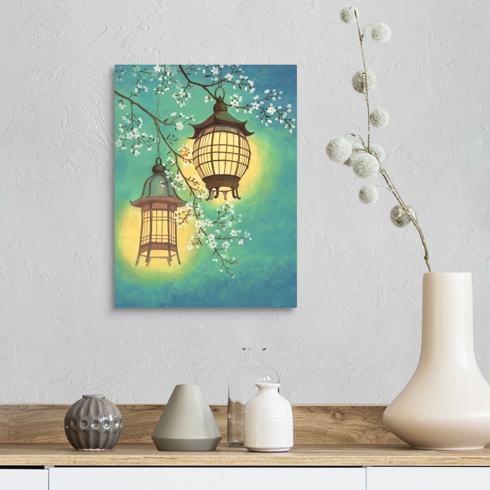 A farmhouse room featuring Asian style painting of two lit lanterns hanging in a cherry tree.