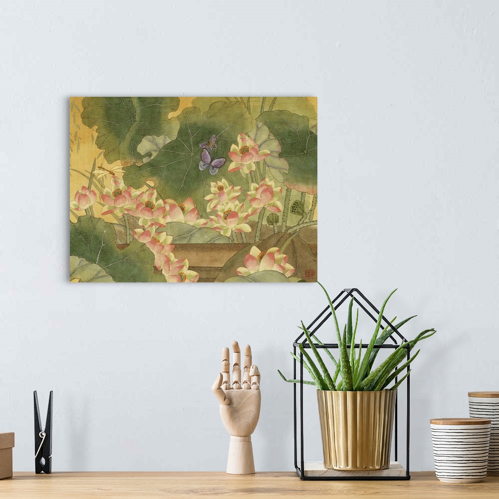 A bohemian room featuring Chinese style illustration of butterflies flying over water lilies.