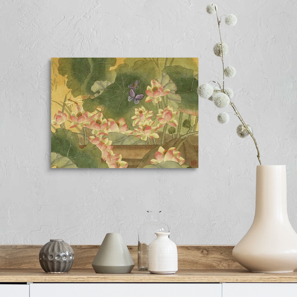 A farmhouse room featuring Chinese style illustration of butterflies flying over water lilies.