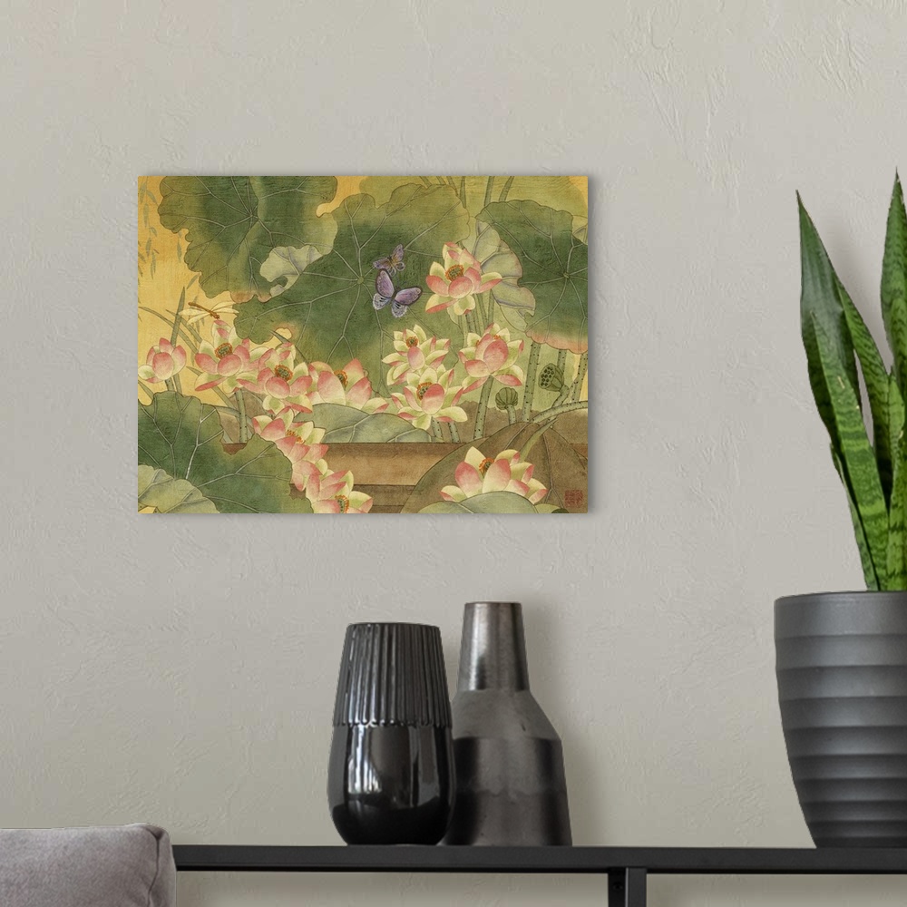 A modern room featuring Chinese style illustration of butterflies flying over water lilies.