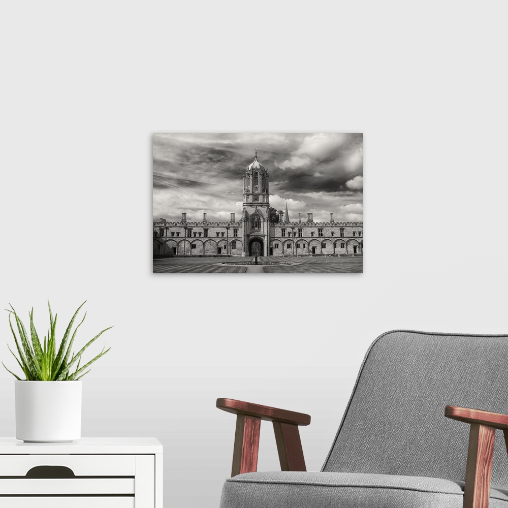A modern room featuring Black and white photograph of the steeple of Christ Church at Oxford, England.