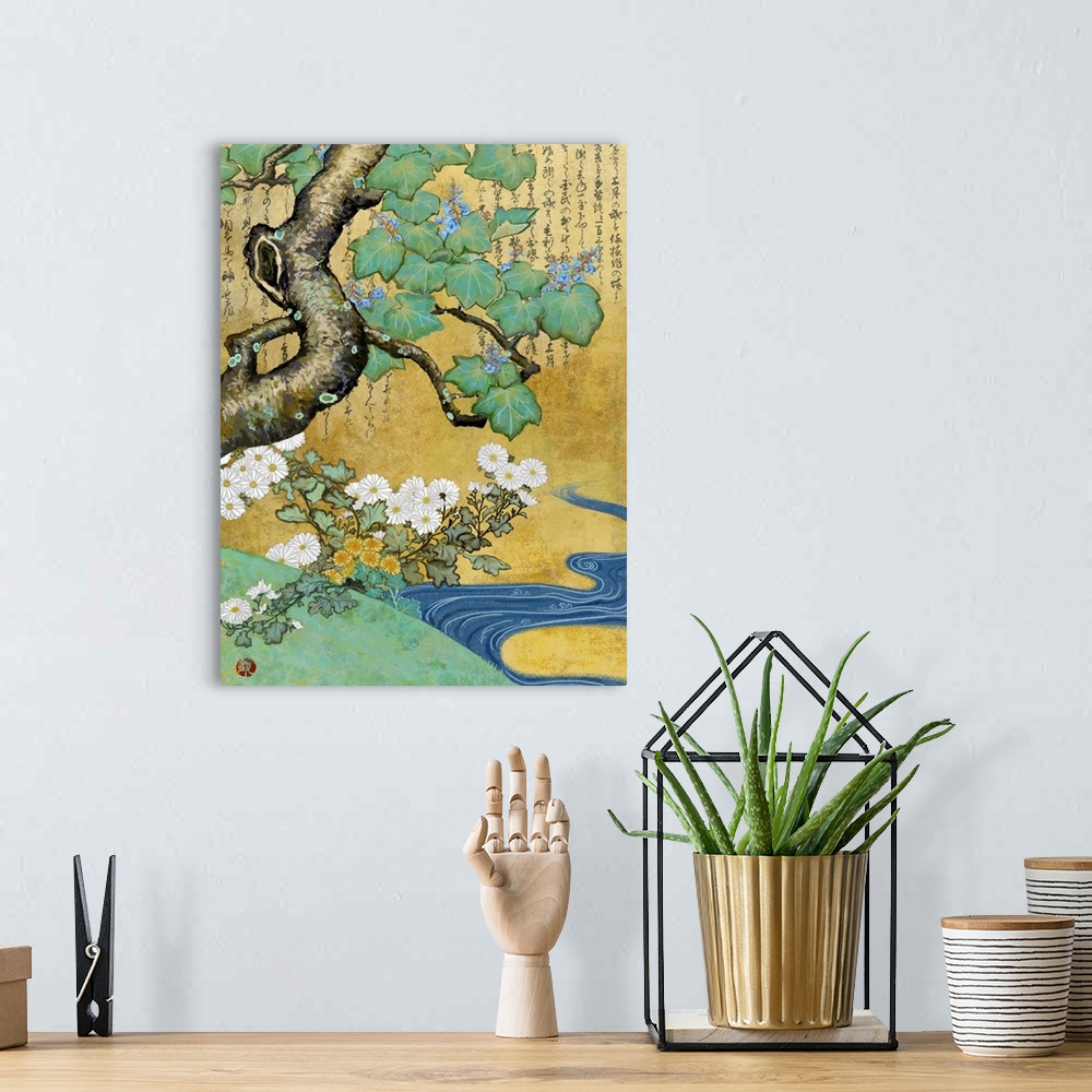 A bohemian room featuring Asian style artwork of a stream near a flowers and a tree with calligraphy.