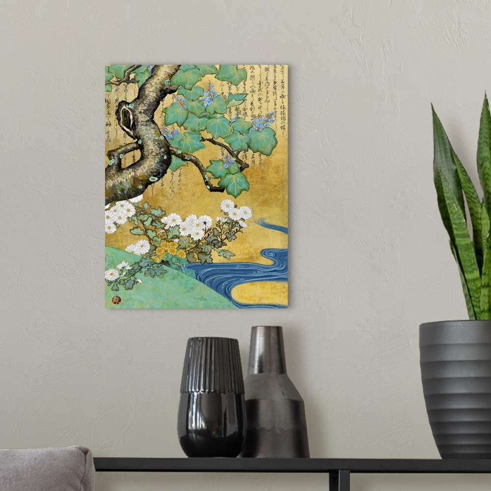 A modern room featuring Asian style artwork of a stream near a flowers and a tree with calligraphy.