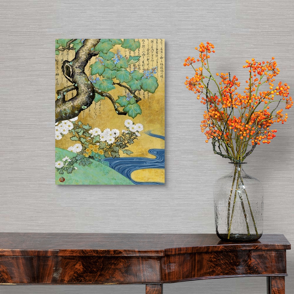 A traditional room featuring Asian style artwork of a stream near a flowers and a tree with calligraphy.