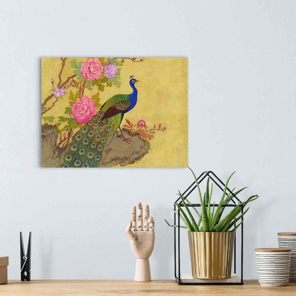 A bohemian room featuring Chinese style painting of a peacock standing on a ledge with pink peonies.