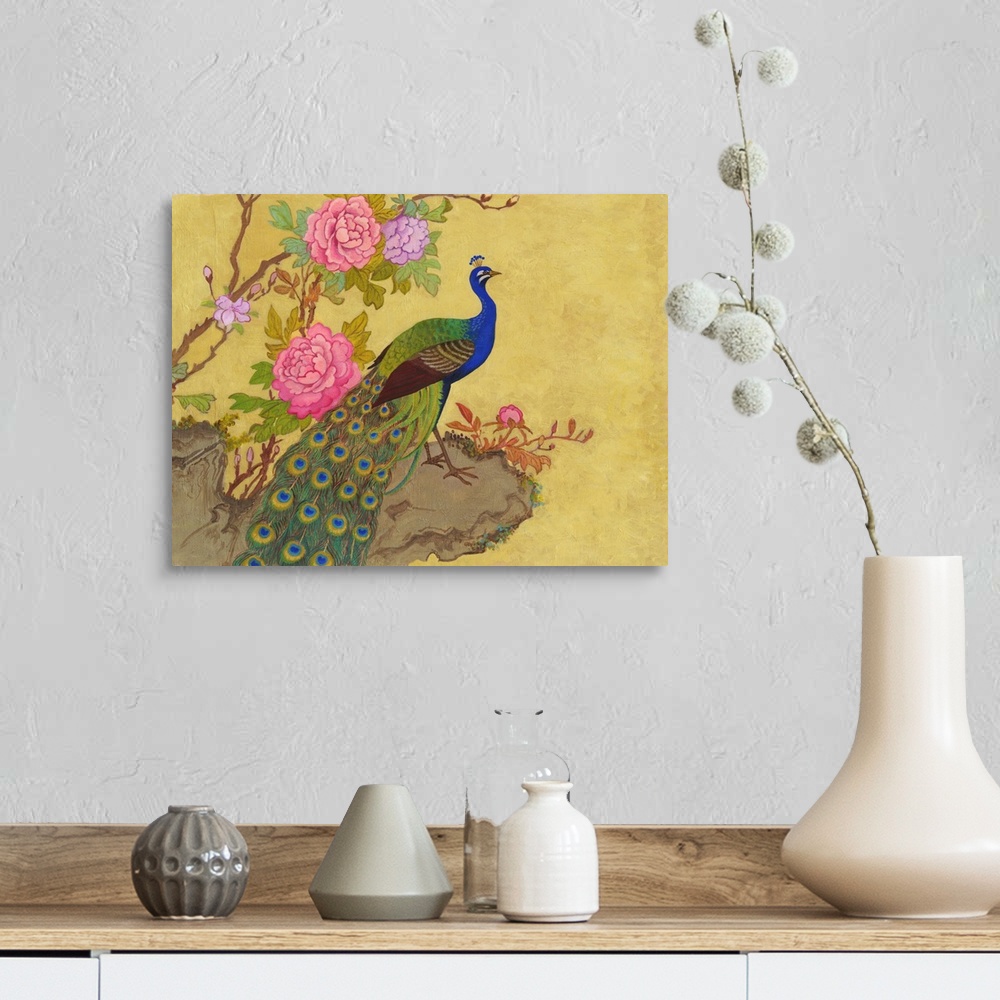 A farmhouse room featuring Chinese style painting of a peacock standing on a ledge with pink peonies.