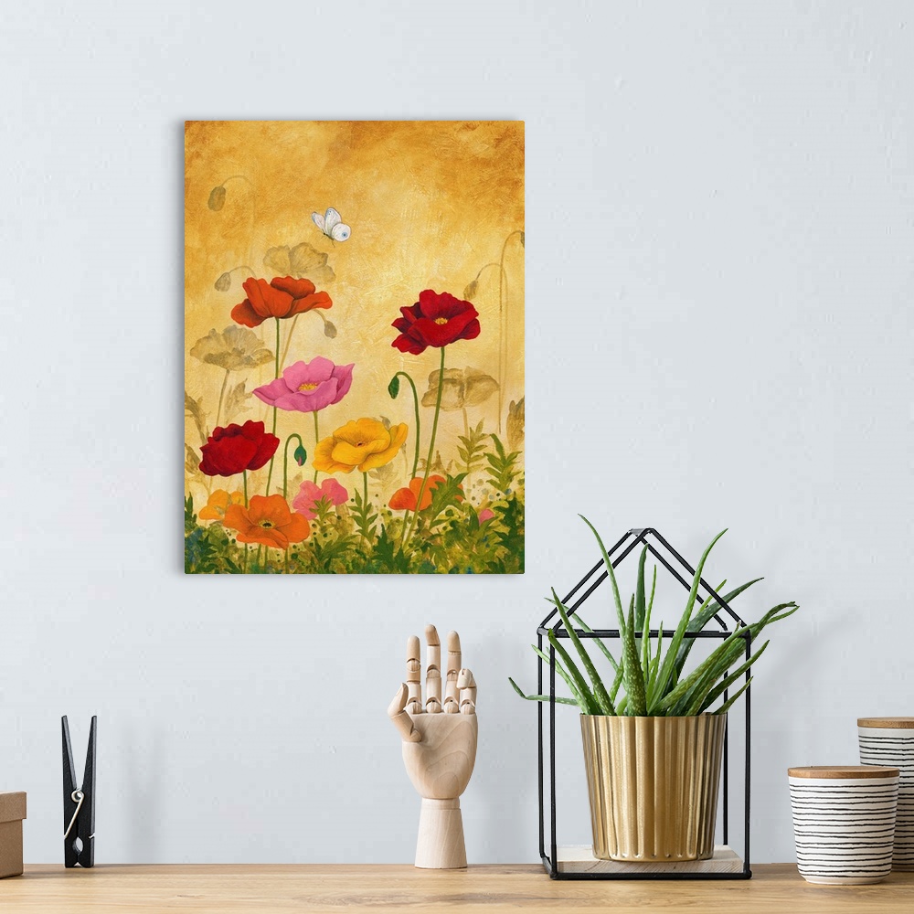 A bohemian room featuring Asian style artwork of a garden of red, pink, and orange poppies.