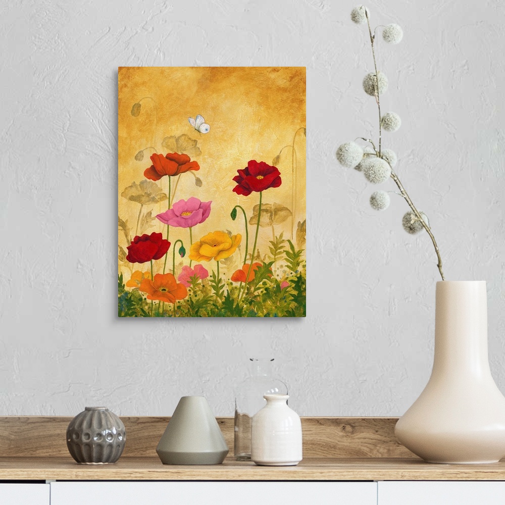 A farmhouse room featuring Asian style artwork of a garden of red, pink, and orange poppies.