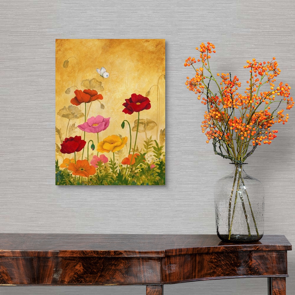 A traditional room featuring Asian style artwork of a garden of red, pink, and orange poppies.