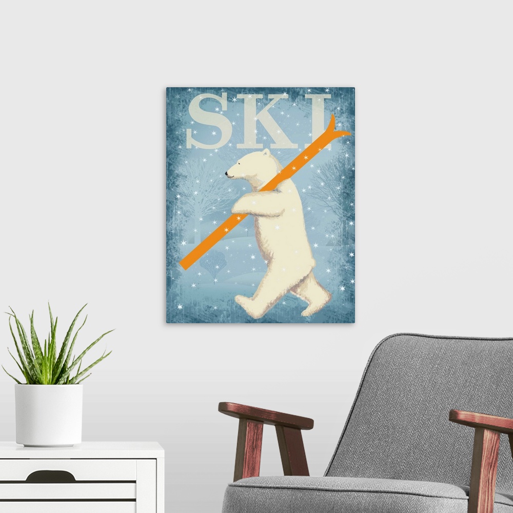A modern room featuring A polar bear carrying skis.
