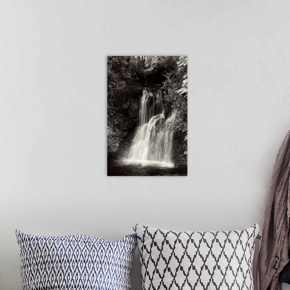 A bohemian room featuring Black and white photograph of a waterfall in Scotland.