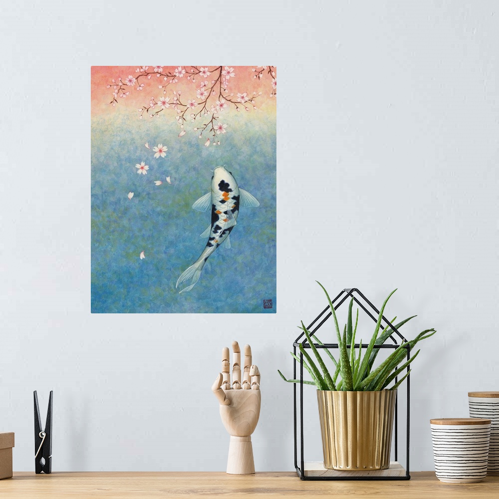 A bohemian room featuring A spotted koi fish swimming under a branch of cherry blossoms.