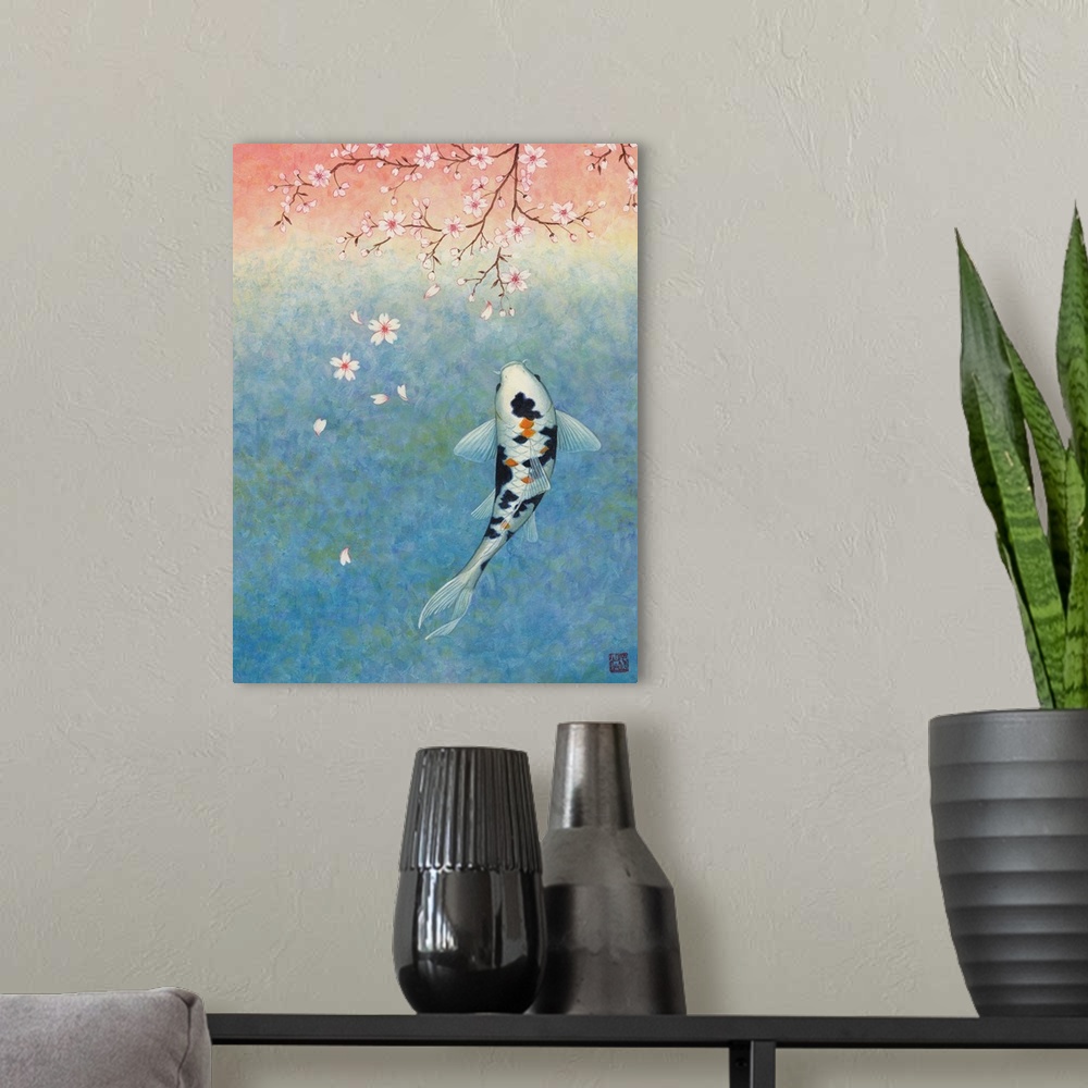 A modern room featuring A spotted koi fish swimming under a branch of cherry blossoms.