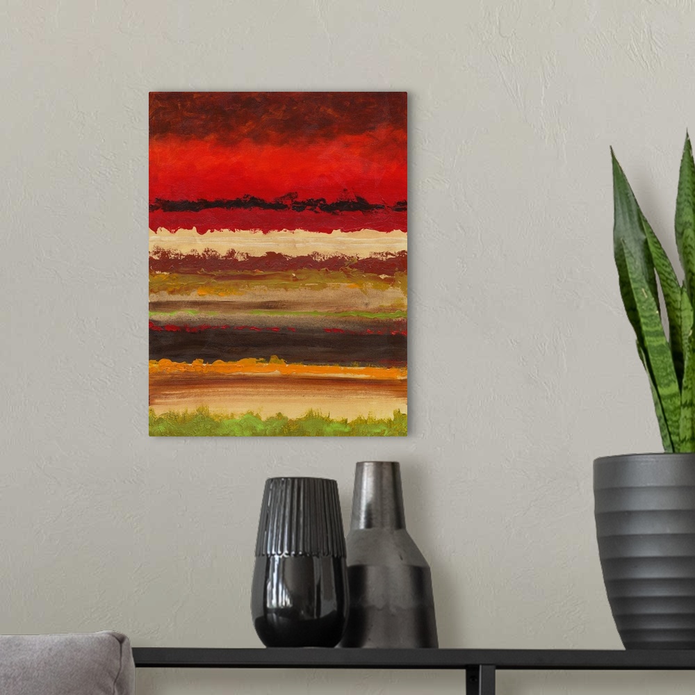 A modern room featuring Abstract painting of horizontal layers in shades of red and green.