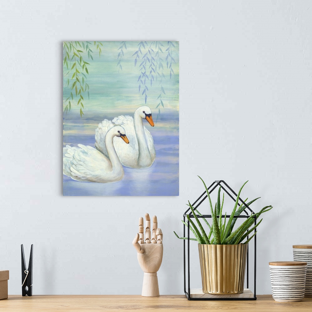 A bohemian room featuring Two white swans swimming under a willow tree.