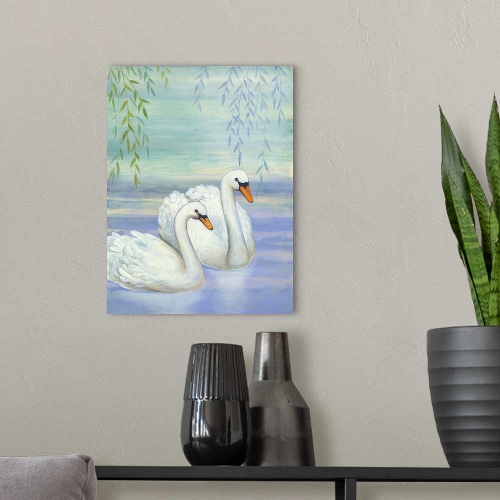 A modern room featuring Two white swans swimming under a willow tree.
