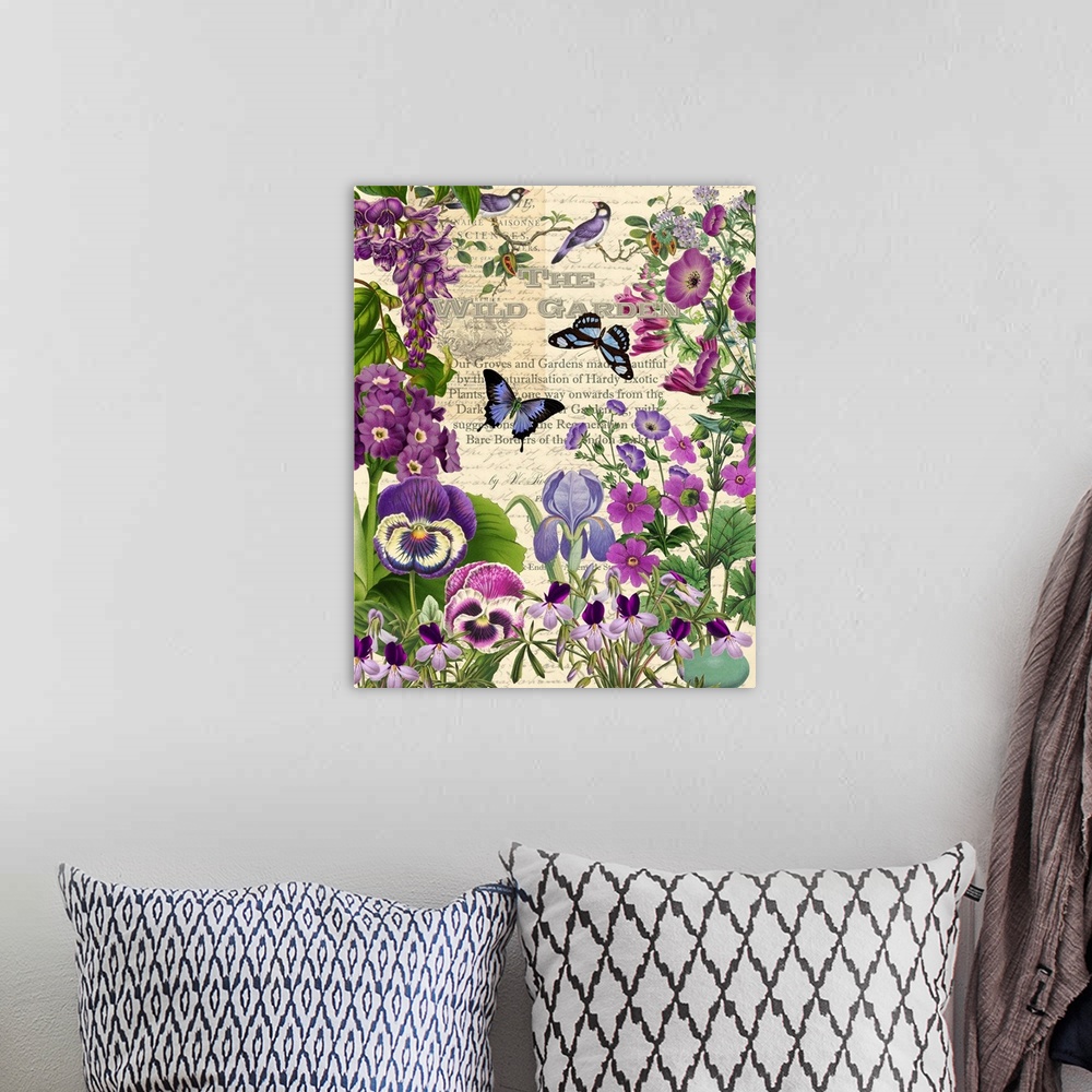 A bohemian room featuring Vintage illustrations of pansies and butterflies arranged in a garden scene.