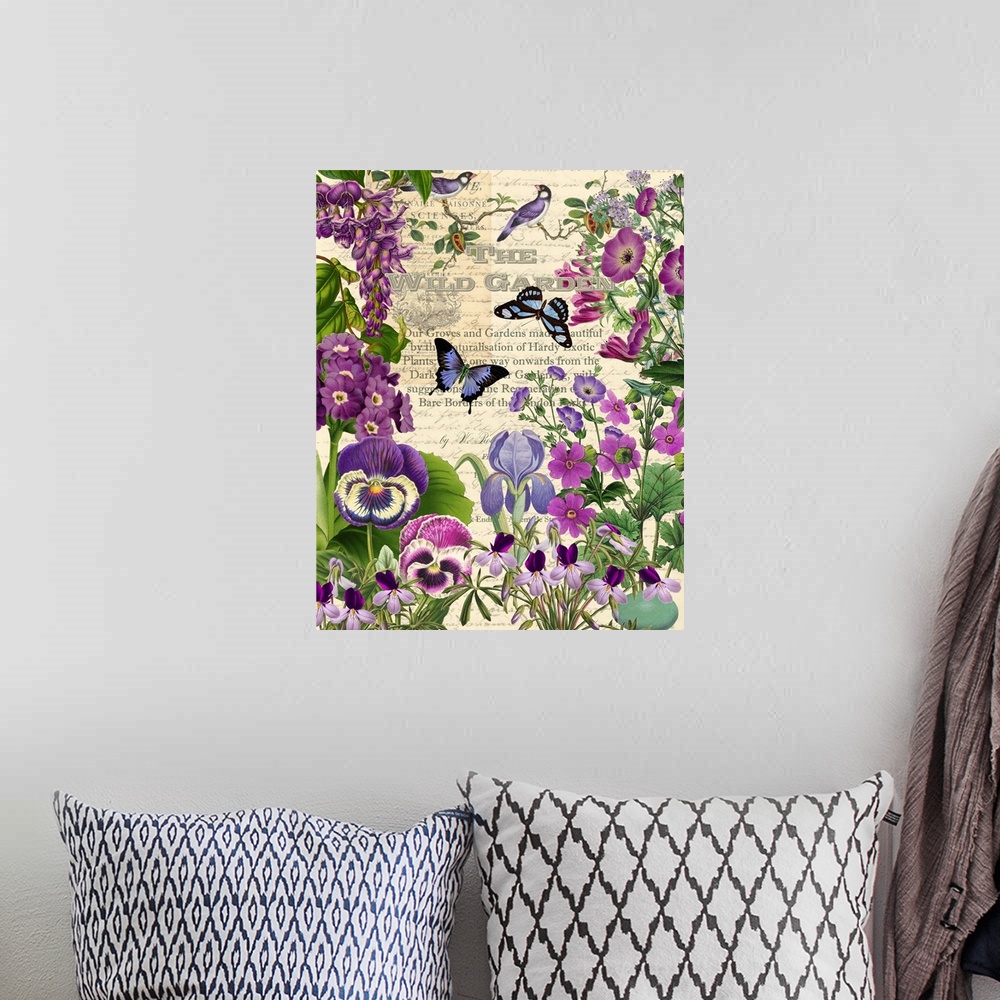 A bohemian room featuring Vintage illustrations of pansies and butterflies arranged in a garden scene.