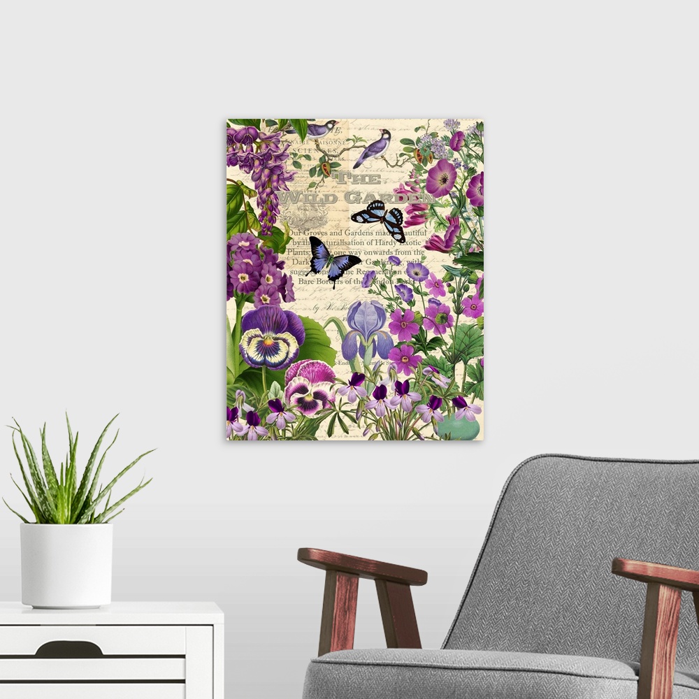A modern room featuring Vintage illustrations of pansies and butterflies arranged in a garden scene.