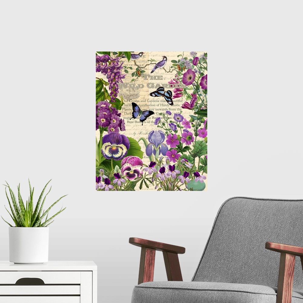 A modern room featuring Vintage illustrations of pansies and butterflies arranged in a garden scene.