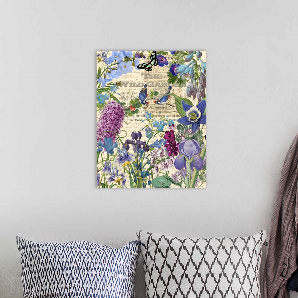 A bohemian room featuring Vintage illustrations of irises and birds arranged in a garden scene.