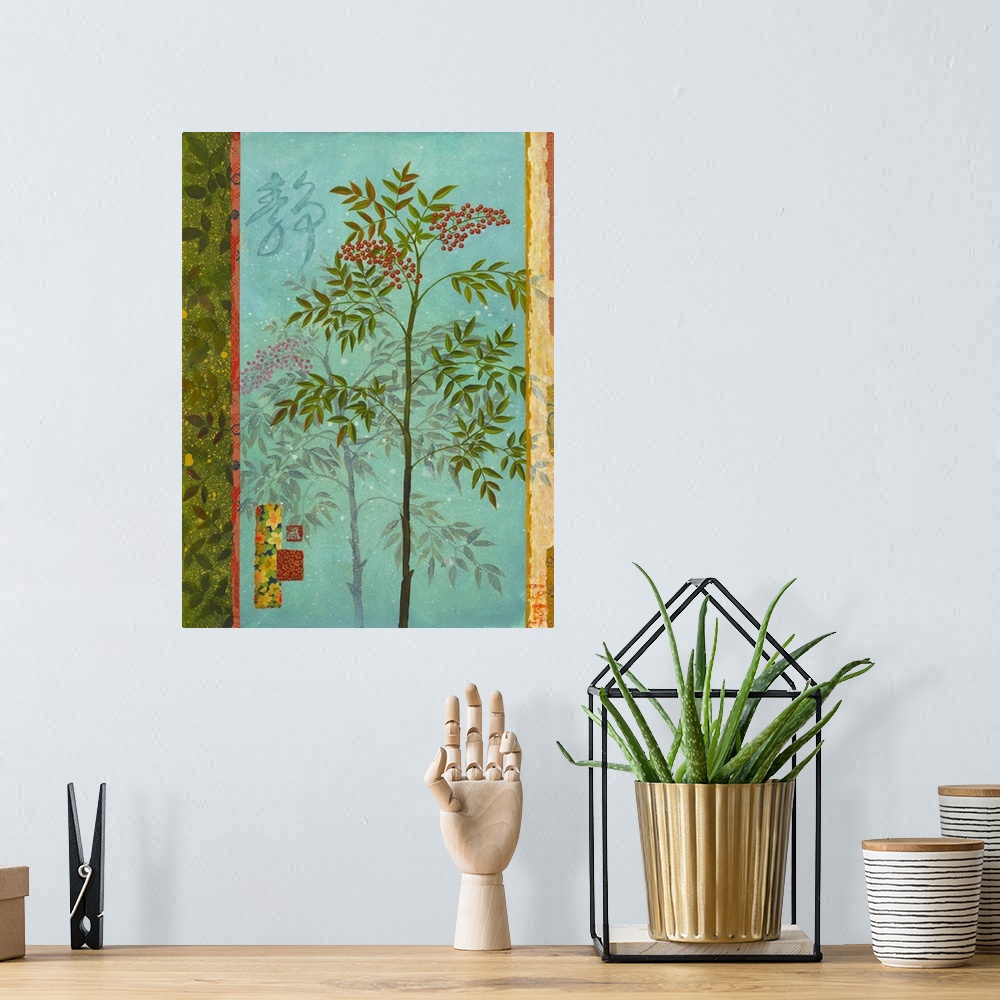 A bohemian room featuring Asian style painting of a tree with red berries.