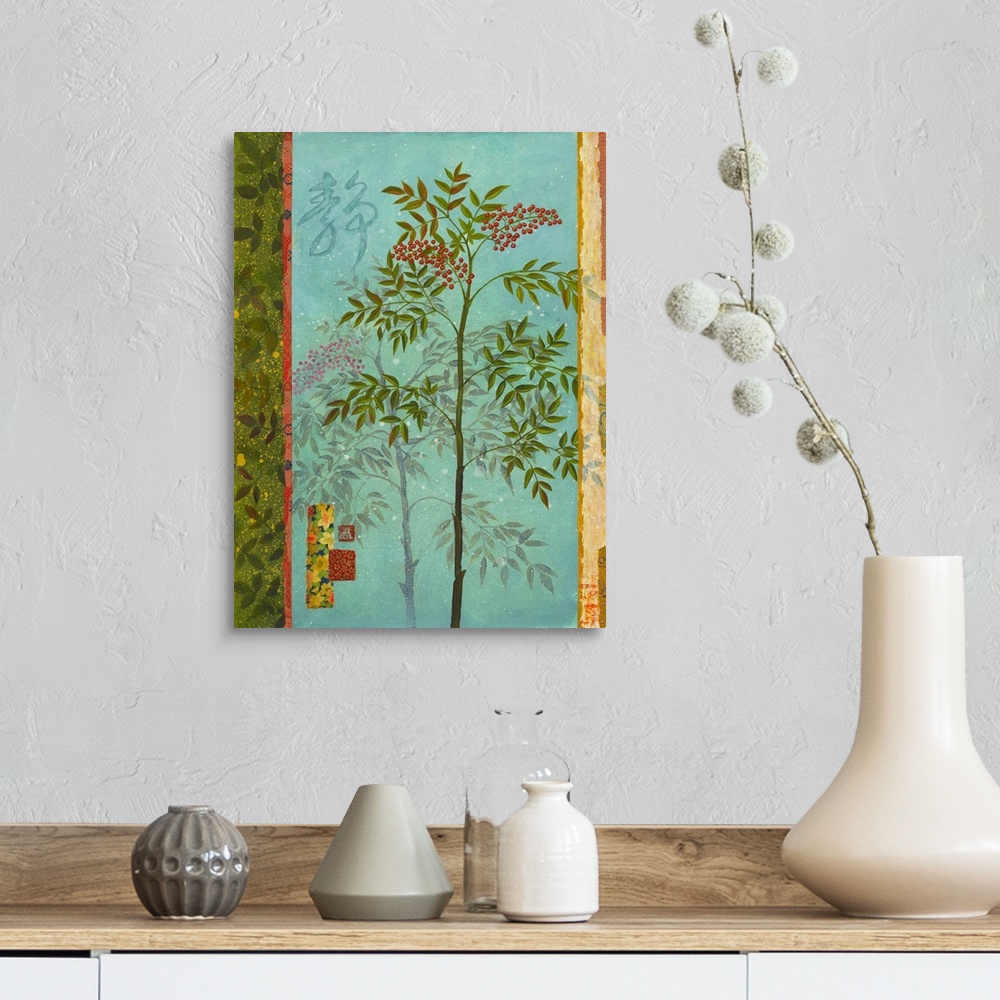 A farmhouse room featuring Asian style painting of a tree with red berries.
