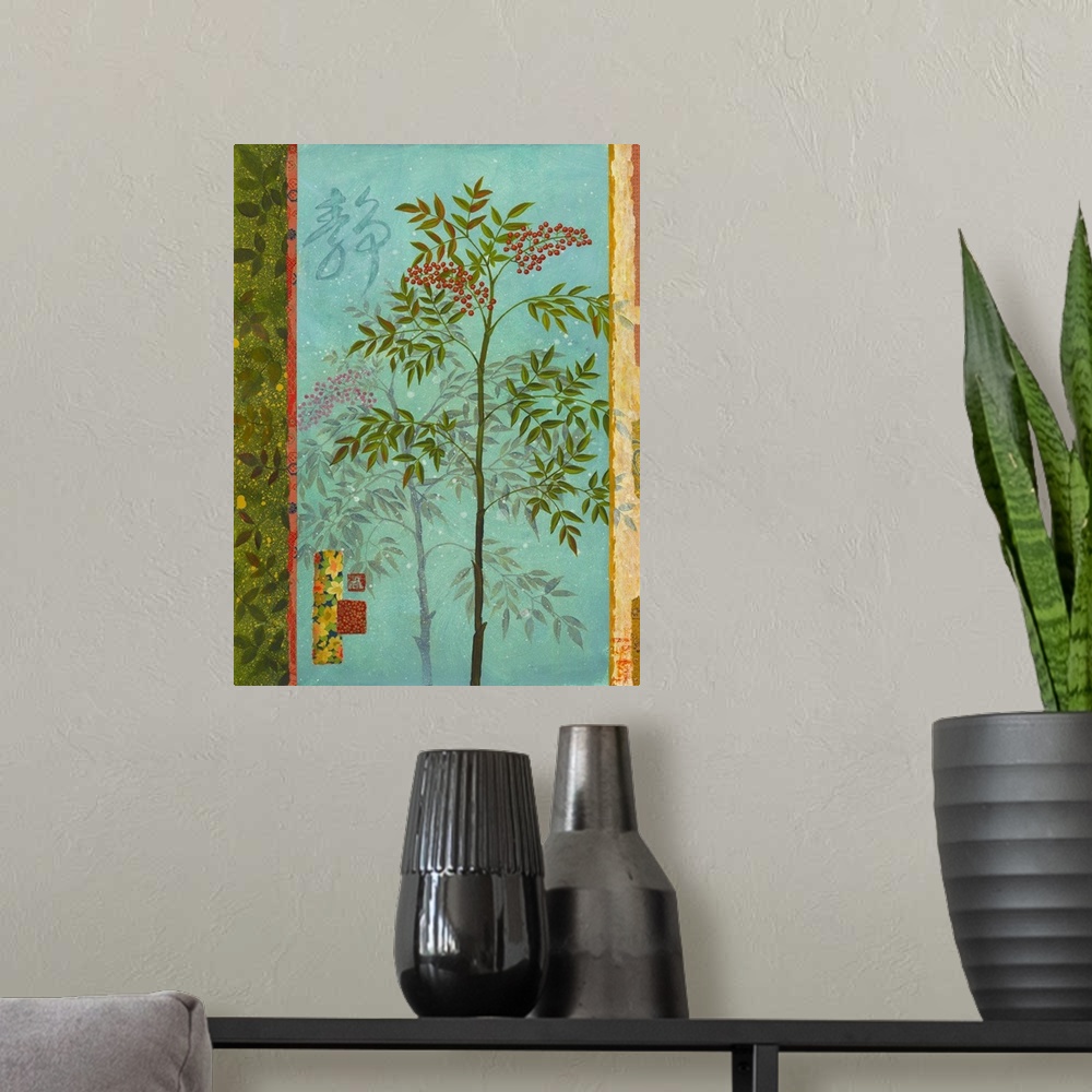 A modern room featuring Asian style painting of a tree with red berries.