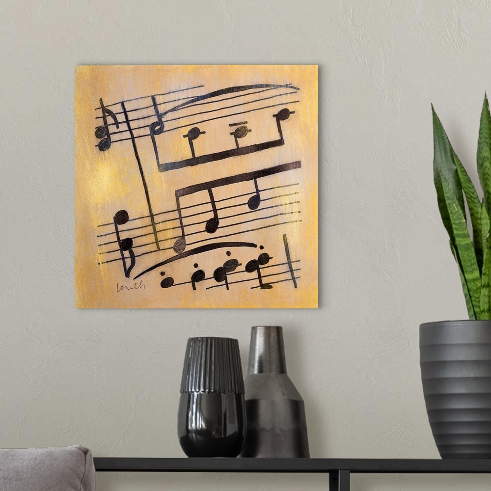 A modern room featuring Square painting of black sheet music on a metallic gold background.