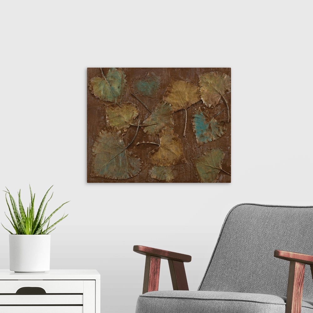 A modern room featuring Overlapping leaves in teal, brown and green decorate a background of brown wash.
