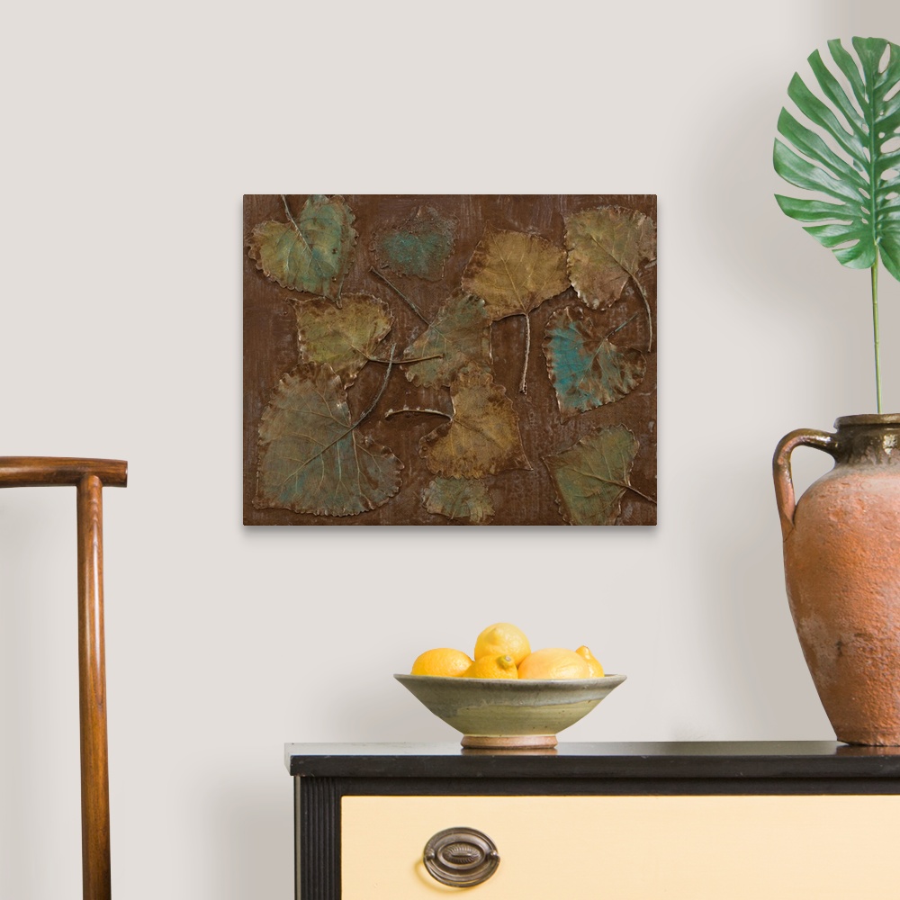 A traditional room featuring Overlapping leaves in teal, brown and green decorate a background of brown wash.