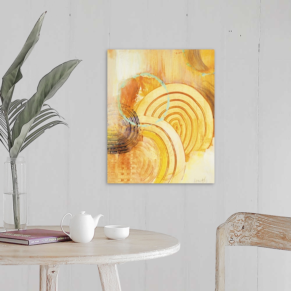 A farmhouse room featuring Contemporary abstract painting in gold using circles and organic shapes.