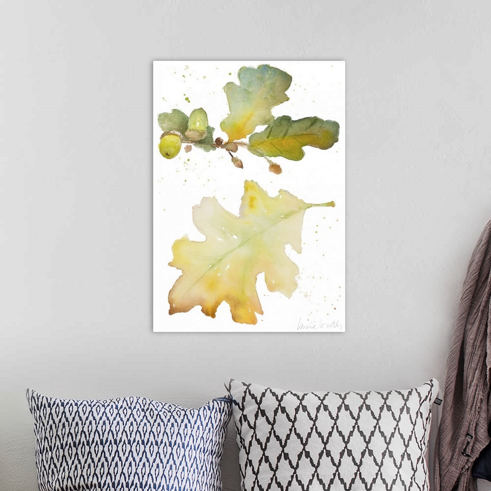 A bohemian room featuring Watercolor painting of broad oak leaves with acorns.