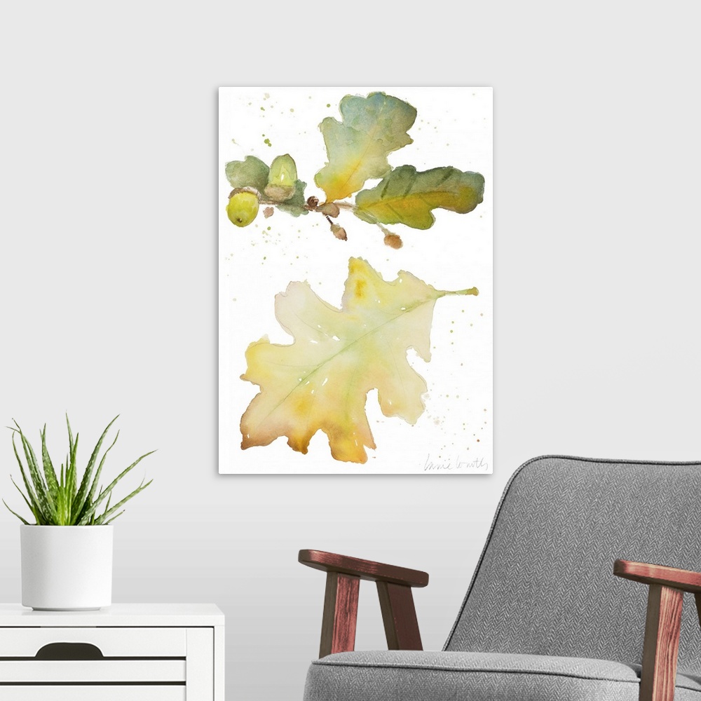 A modern room featuring Watercolor painting of broad oak leaves with acorns.