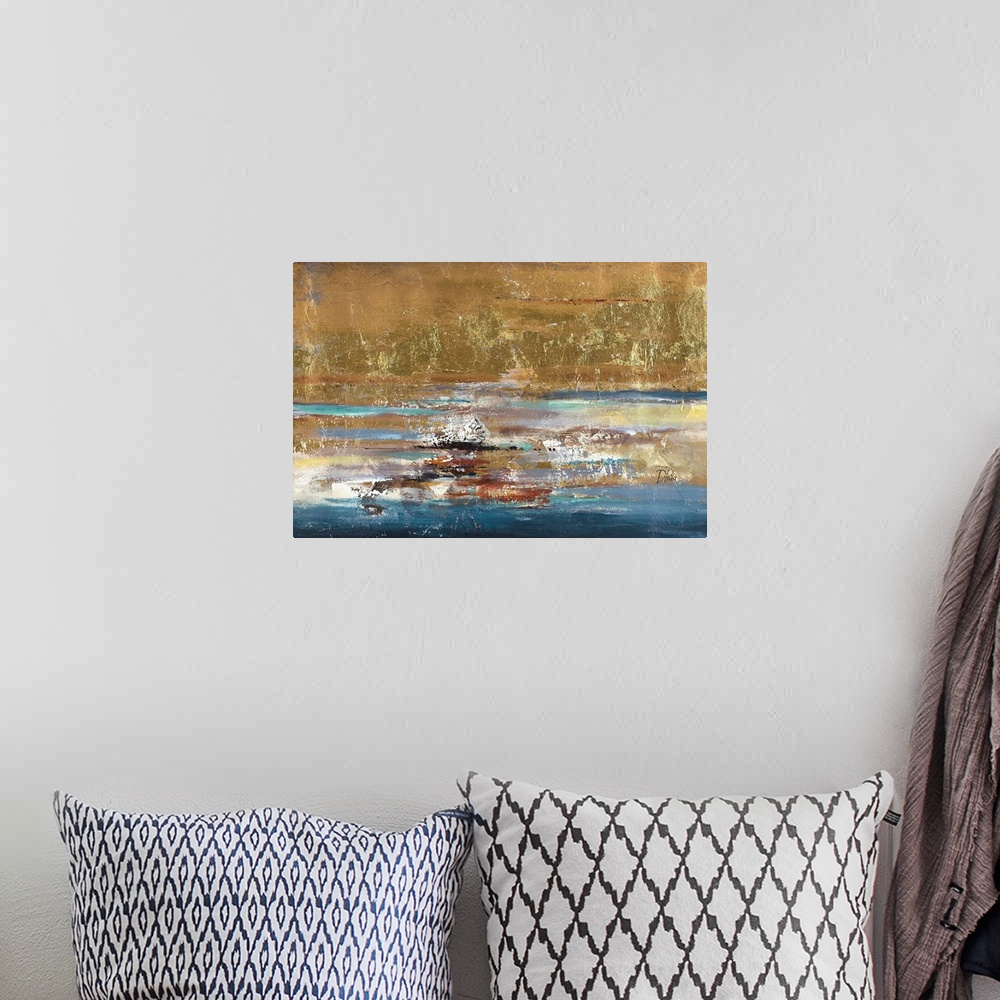 A bohemian room featuring Abstract textured artwork with gold and blue.