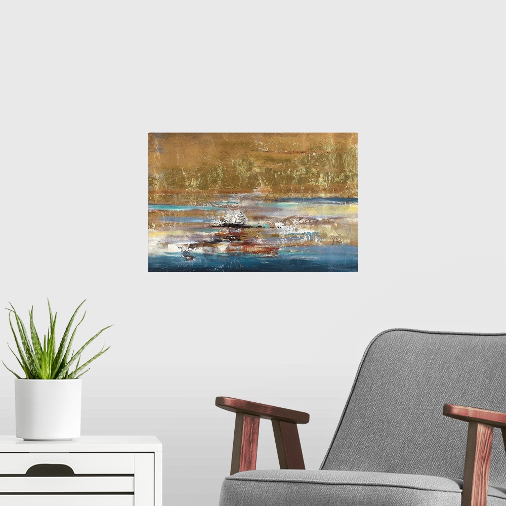 A modern room featuring Abstract textured artwork with gold and blue.