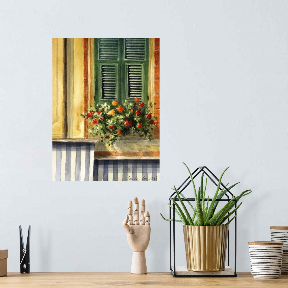A bohemian room featuring This home docor is a contemporary painting of a shuttered window with a small flower box at its b...
