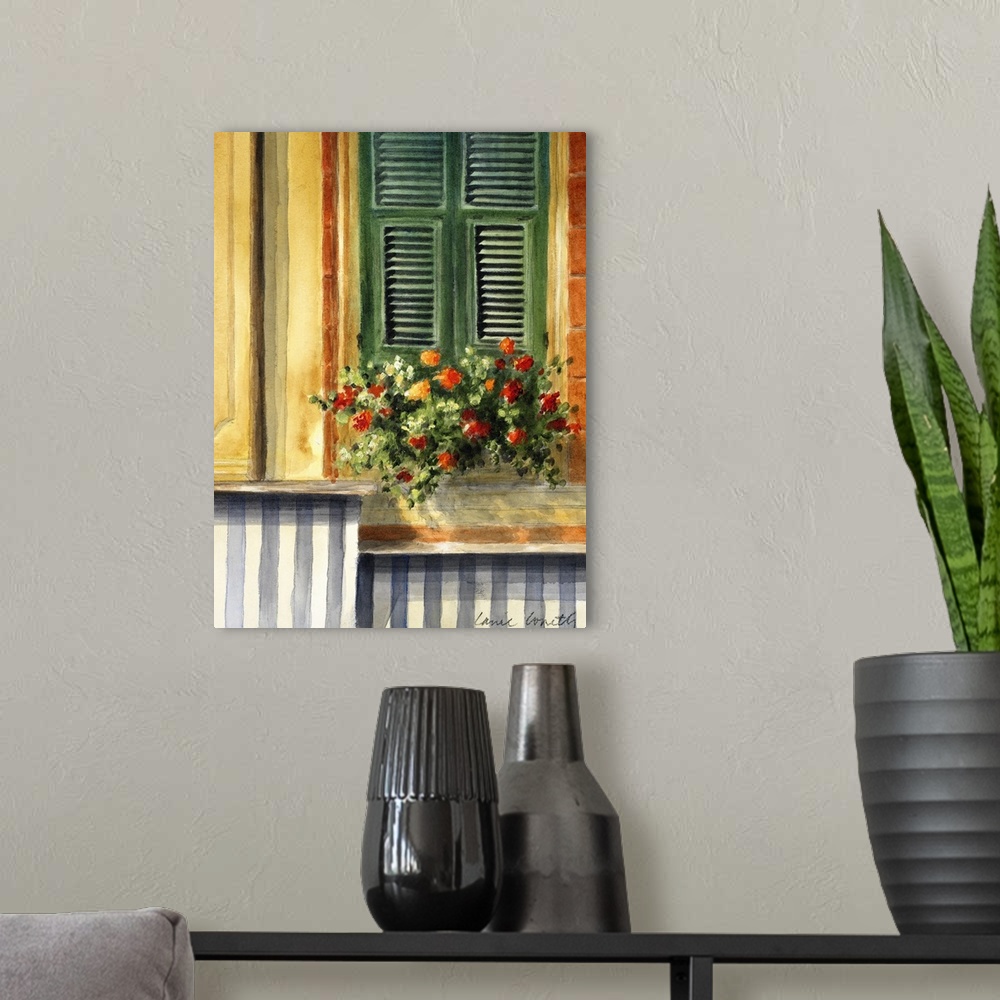 A modern room featuring This home docor is a contemporary painting of a shuttered window with a small flower box at its b...