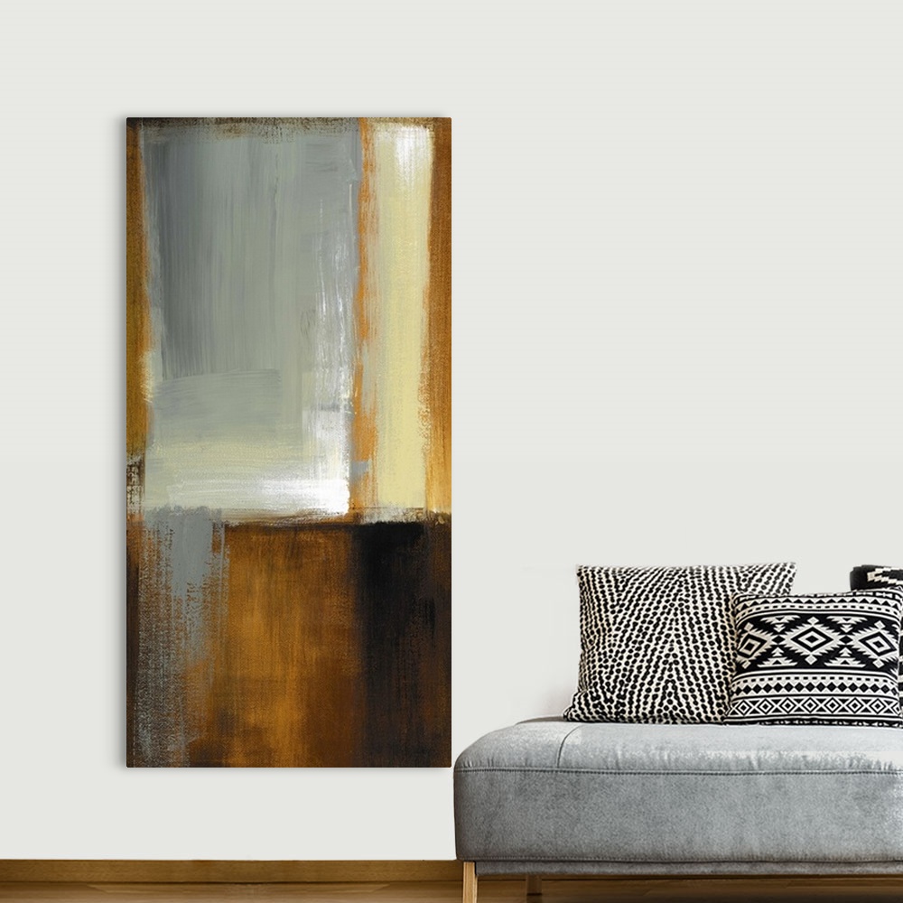 A bohemian room featuring Vertical abstract painting on canvas of various patches of color layered on top of one another.