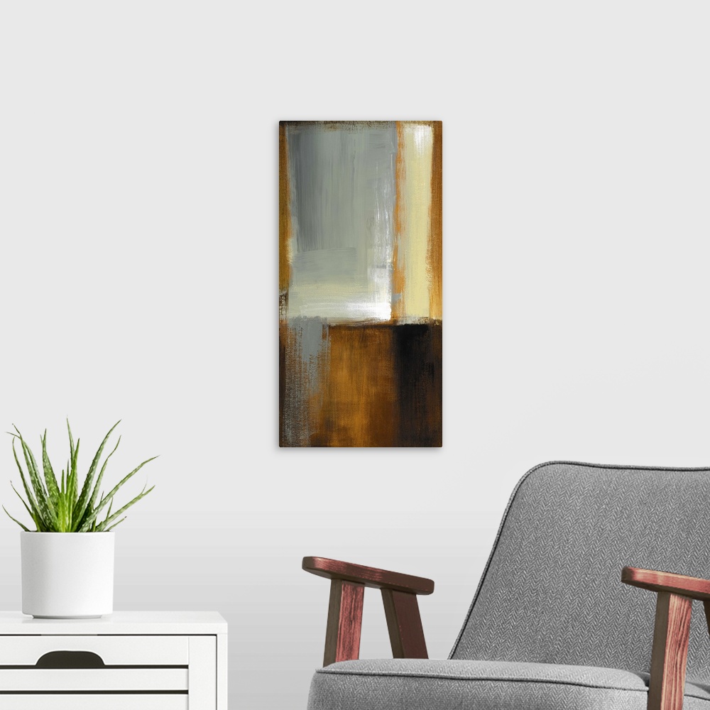 A modern room featuring Vertical abstract painting on canvas of various patches of color layered on top of one another.