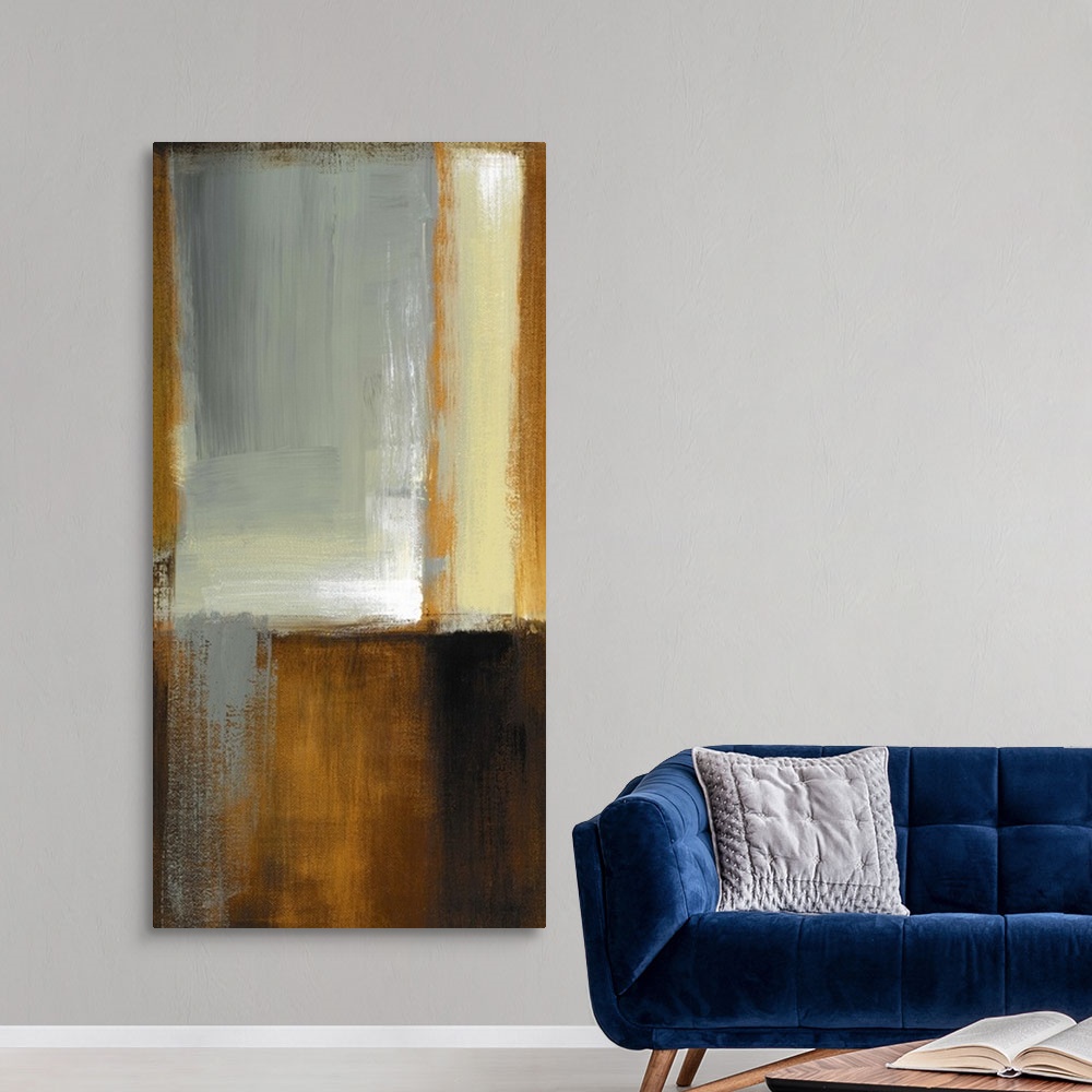 A modern room featuring Vertical abstract painting on canvas of various patches of color layered on top of one another.