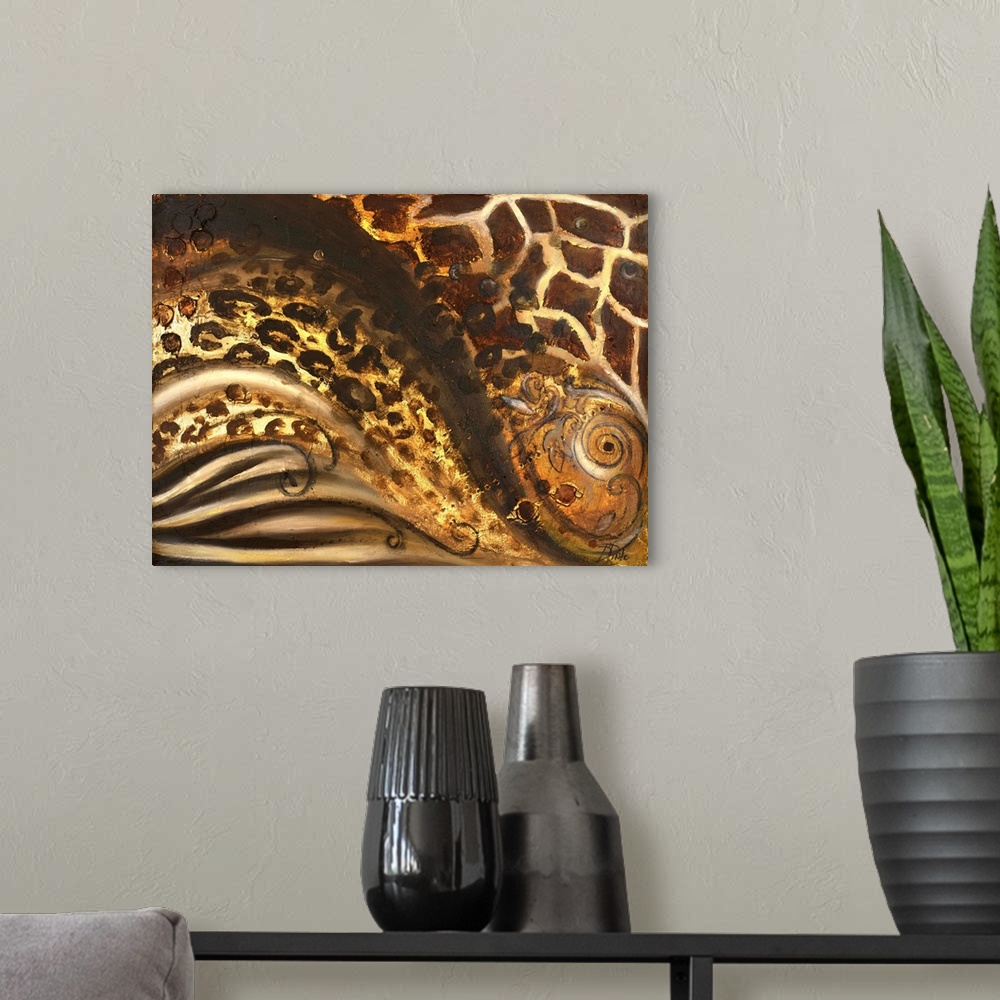 A modern room featuring Abstract artwork with swirling animal print patterns.