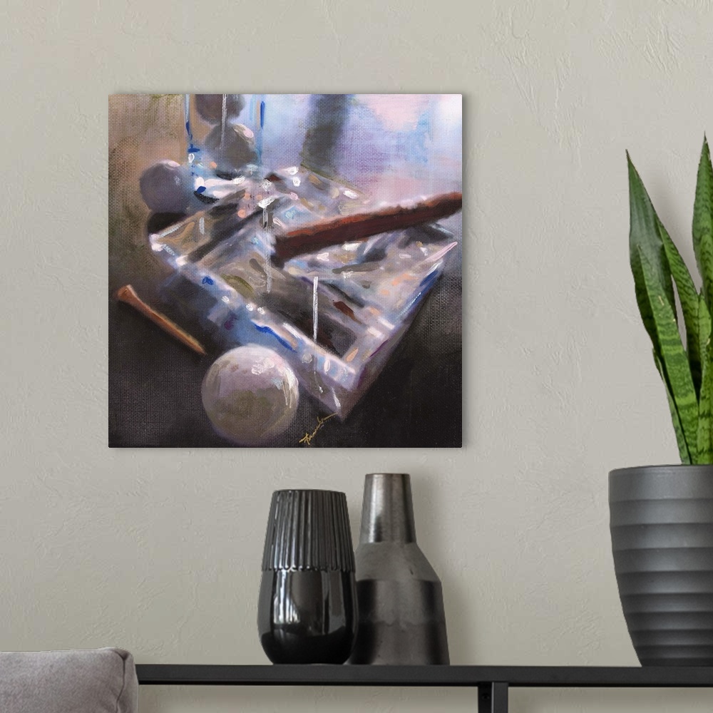 A modern room featuring Contemporary painting of a large glass ashtray with a cigar resting in it and a golf ball and tee...