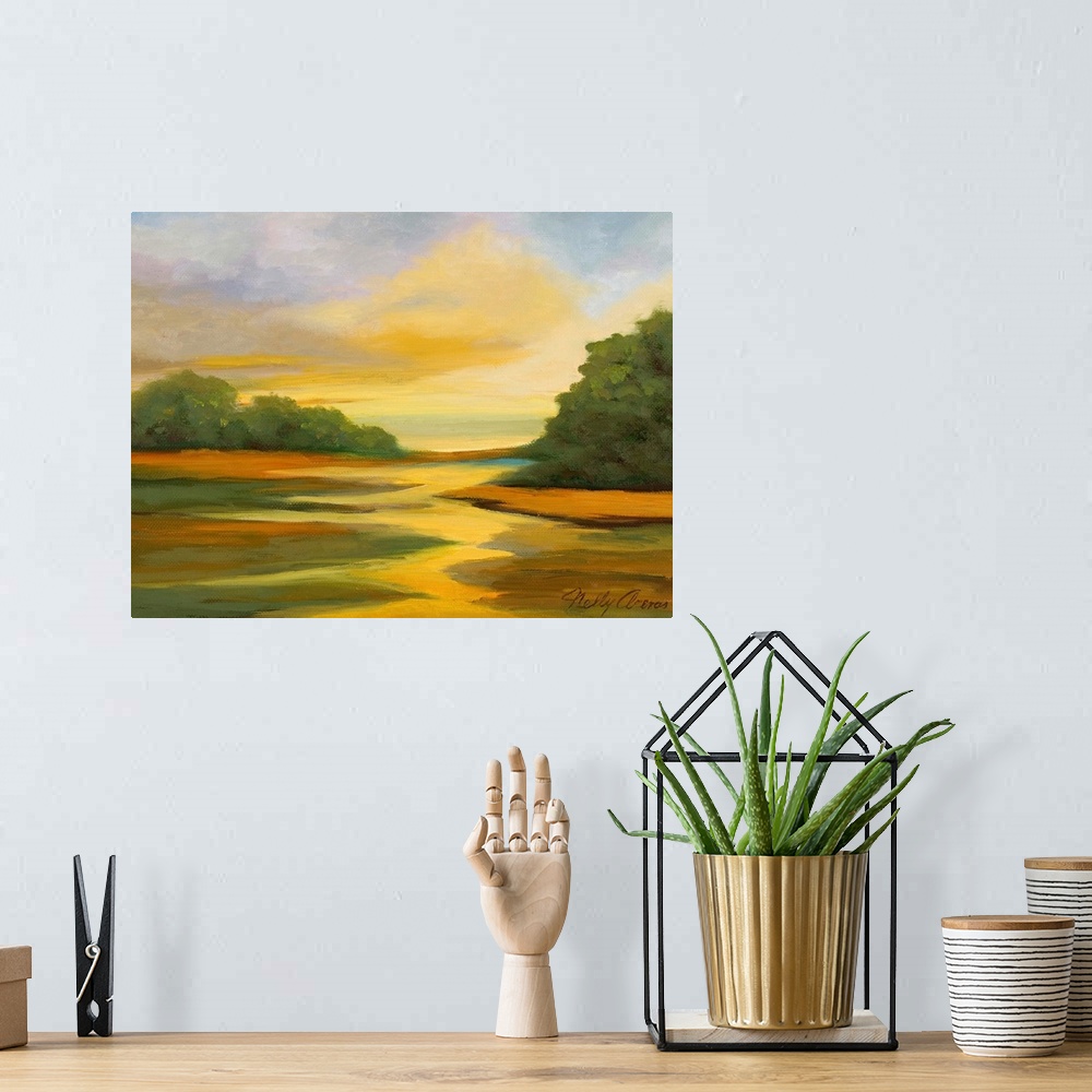 A bohemian room featuring Contemporary landscape artwork of a field at sunset.