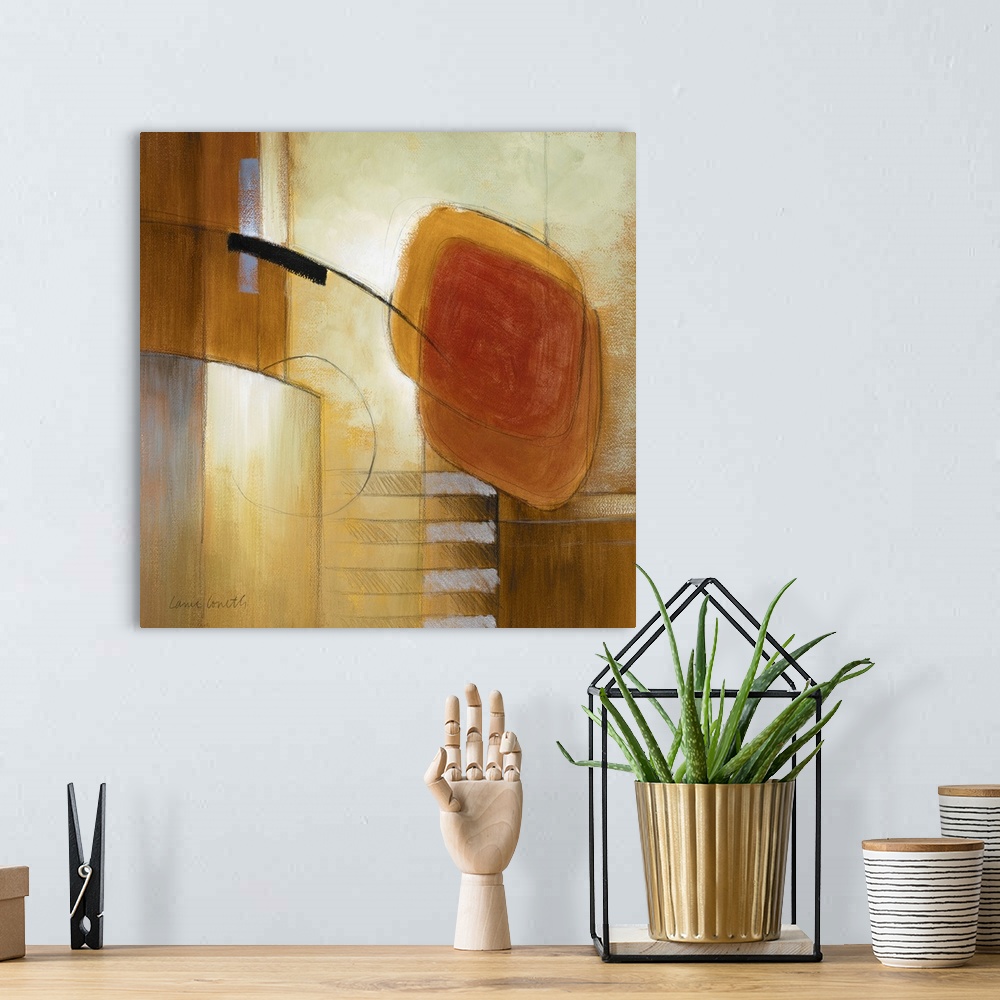 A bohemian room featuring Abstract painting of warm colors and abstract shapes.