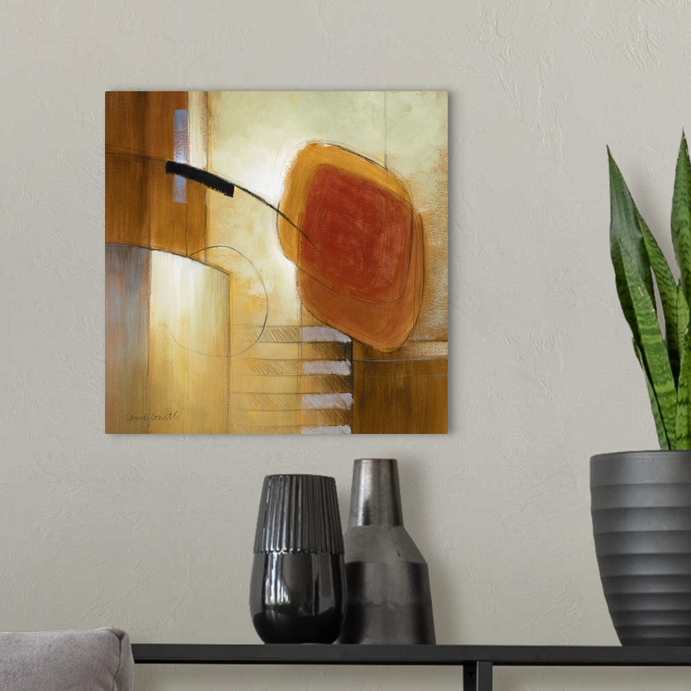 A modern room featuring Abstract painting of warm colors and abstract shapes.