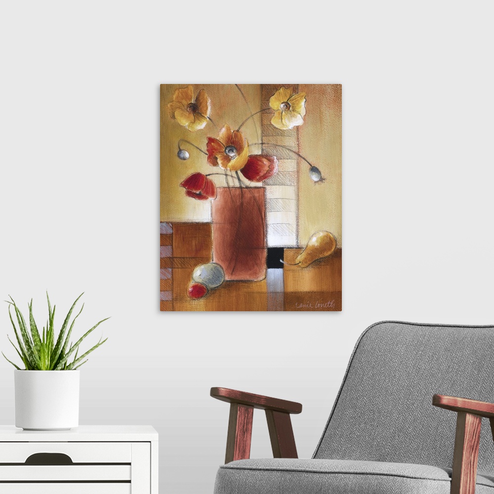 A modern room featuring 16x20, mixed media